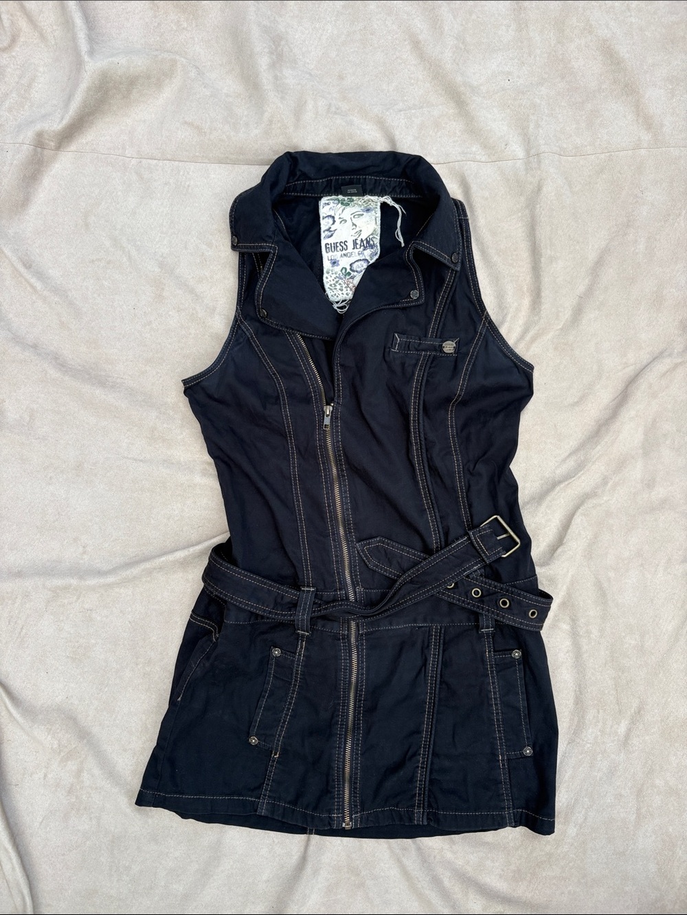 Guess Black Sleeveless Denim Dress Overall with Belt - Large